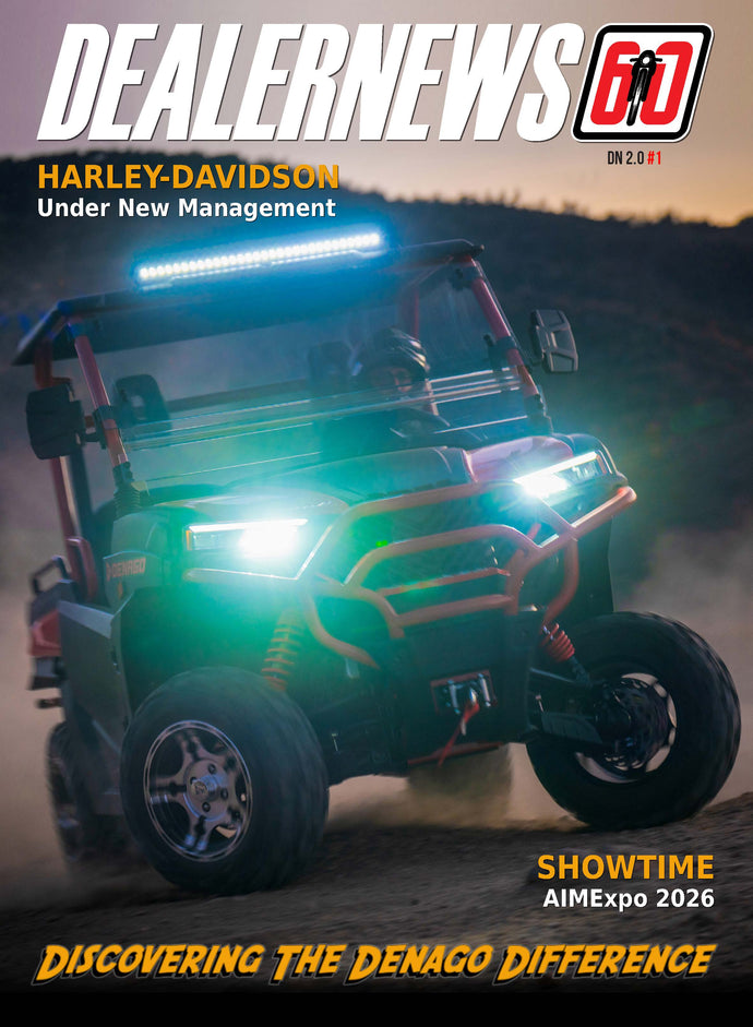 Dealer News Magazine Cover featuring a Lifestyle Photo of the Denago Powersports RanchHawk 650FI UTV driving offroad.