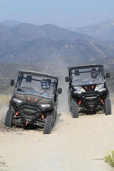 Two Dengao PowerSports RanchHawk 650FI's riding on an offroad trail